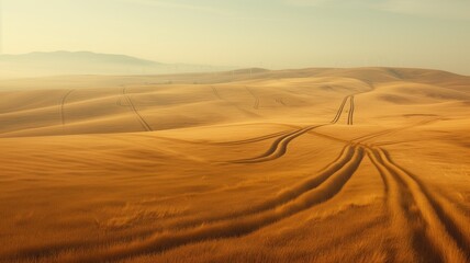 Sunlit golden wheat field with distant wind turbines and blue sky