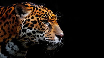 Profile of a majestic jaguar against a stark black background