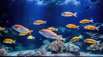 Naklejka na ściany i meble A lively aquarium full of colorful tropical fish swimming