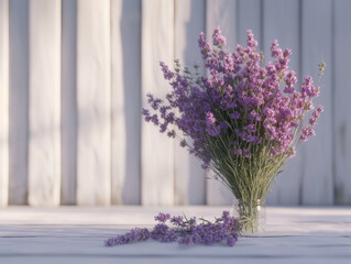 A Seasonal Decor Delight featuring a Hand-Tied Lavender 
Bouquet on a White Wooden Background.Perfect for Social Media, Advertisement, Website Banner, Blog Posts etc