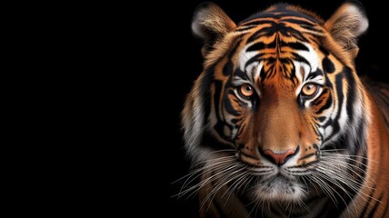 A tiger's face against a black background, showcasing its striking features