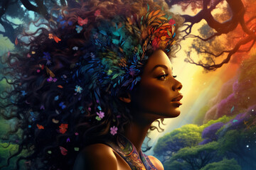Stunning portrait of a beautiful black woman amidst a trippy, hyper-detailed nature scene with swirling trees, vibrant hues, blooming flowers, exuding happiness. For Art Prints, Social Media, Branding