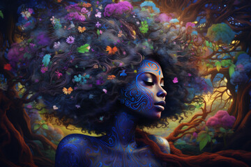 Stunning portrait of a beautiful black woman amidst a trippy, hyper-detailed nature scene with swirling trees, vibrant hues, blooming flowers, exuding happiness. For Art Prints, Social Media, Branding
