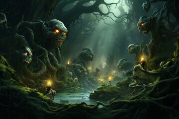 Obraz na płótnie Canvas Eerie Fantasy forest monster. Adventure fight. Generate Ai