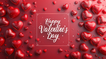 Red greeting background, postcard with the inscription Happy Valentine's Day in a frame among 3D flying hearts.