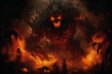 Terrifying Dark fire monster. Evil satan art. Generate Ai - obrazy, fototapety, plakaty