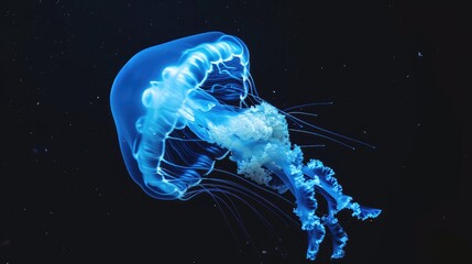Blue Blubber Jellyfish in the solid black background