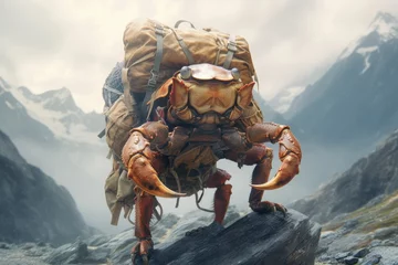 Foto op Plexiglas a crab dressed as a climber who conquers mountain © RealPeopleStudio
