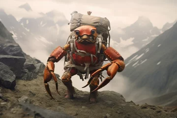 Foto op Plexiglas a crab dressed as a climber who conquers mountain © RealPeopleStudio