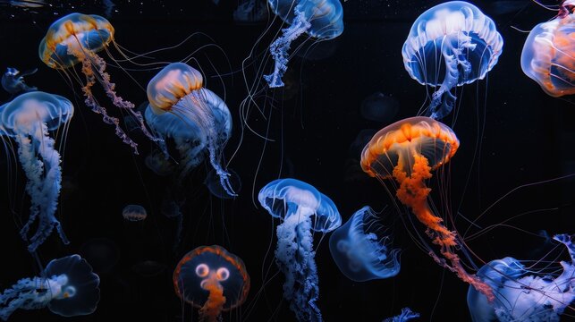 Various jellyfish gather together, covering the entire picture