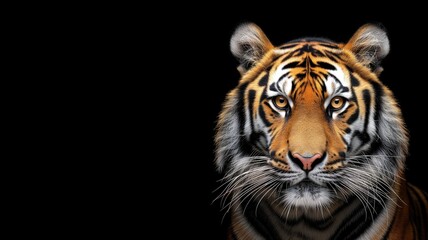 A tiger's face emerges from the darkness, highlighting its striking orange and black pattern