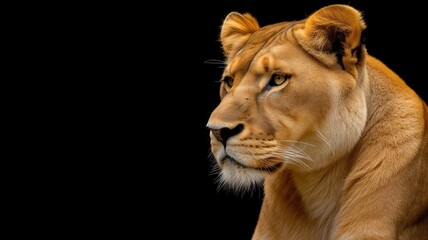 Obraz premium Detailed, striking profile of a lioness against a stark black backdrop