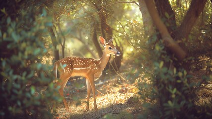 Naklejka na ściany i meble A fawn in the forest with sunbeams filtering through trees