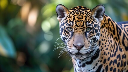 Detailed headshot of a jaguar with a bokeh of green foliage