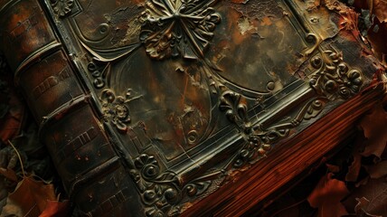 Close-up of an ornate antique book cover with detailed embossing