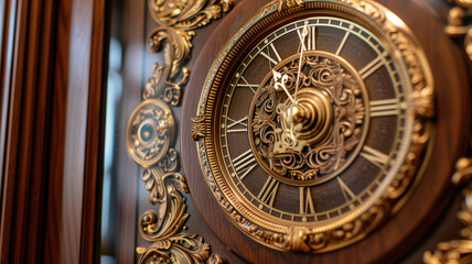 Fototapeta na wymiar Elegant wooden grandfather clock with intricate gold details