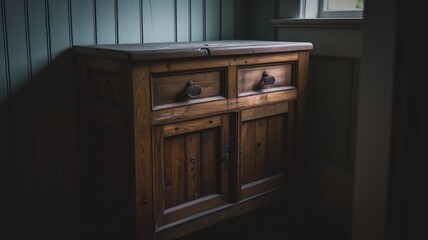 Vintage wooden cabinet with ornate handles in a dimly lit room