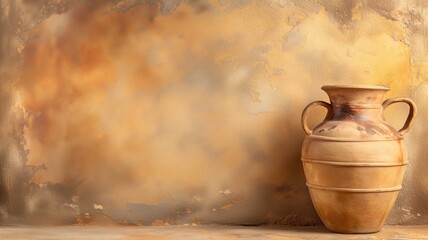 A classic terracotta amphora on a rustic golden background, evoking a sense of antiquity and the simplicity of ancient pottery techniques - obrazy, fototapety, plakaty