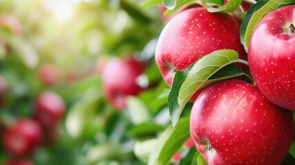 Vibrant red apples with droplets of water, nestled among green leaves, bathed in soft sunlight - obrazy, fototapety, plakaty