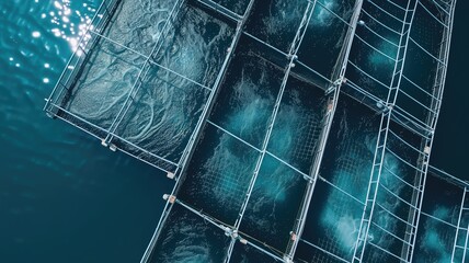 Overhead view of a fish farming grid on a deep blue sea, highlighting aquaculture and sustainable food production