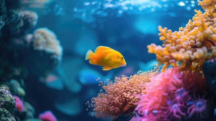 Fototapeta na wymiar A vibrant yellow fish swims amongst colorful coral reefs, with a backdrop of deep blue ocean, showcasing the vivid life beneath the sea
