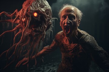 Grotesque Horror movie monster. Scary evil. Generate Ai - obrazy, fototapety, plakaty
