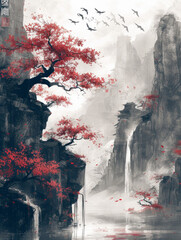  Japanese maple trees grace cascading heights in a tranquil crevice, softly illuminated, blending Impressionism with Traditional Chinese Ink. Perfect for Art Prints, Social media, Blog, Greeting Cards