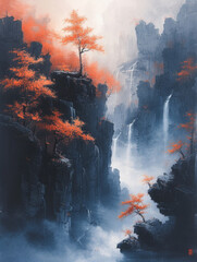  Japanese maple trees grace cascading heights in a tranquil crevice, softly illuminated, blending Impressionism with Traditional Chinese Ink. Perfect for Art Prints, Social media, Blog, Greeting Cards
