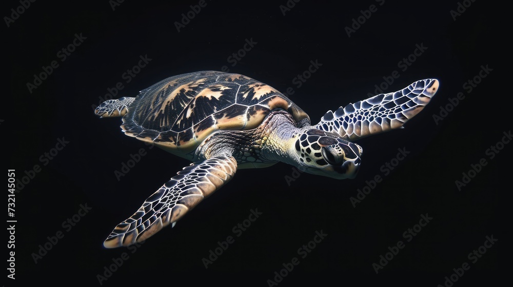 Wall mural Hawksbill Sea Turtle in the solid black background - Wall murals