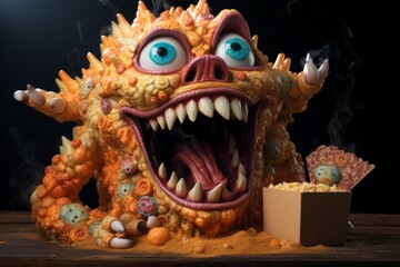 Gigantic Monster popcorn. Cartoon cute funny. Generate Ai