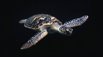 Fototapeta premium Hawksbill Sea Turtle in the solid black background