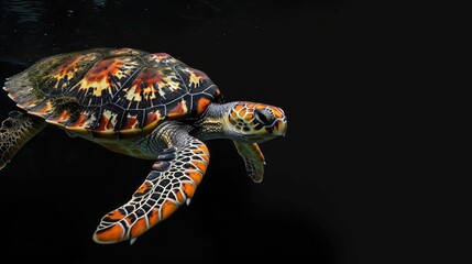 Fototapeta premium Hawksbill Turtle in the solid black background