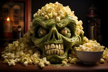 Crunchy Monster popcorn. Cartoon cute funny. Generate Ai
