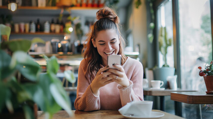 Mulher feliz e rindo usando o celular em um café - obrazy, fototapety, plakaty