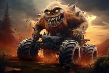 Enormous Monster truck giant. Extreme speed motor event race. Generate Ai - obrazy, fototapety, plakaty