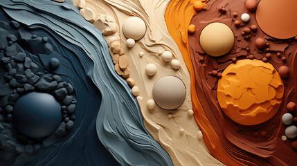abstract composition with fluid shapes and spheres in a palette of blue, beige and brown tones, reminiscent of marble paint - obrazy, fototapety, plakaty