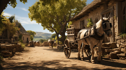 horse-drawn wagon, on a dirt road, traditional stone houses - obrazy, fototapety, plakaty