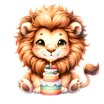 Cute watercolor animal character with birthday cake for birthday party clipart for decoration of lion