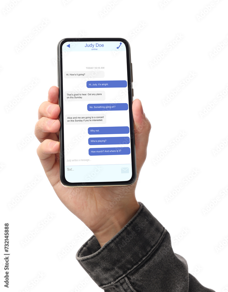 Poster man texting with friend using messaging application on smartphone against white background, closeup