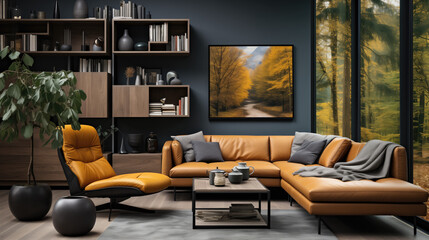 Living room with large window overlooking the fall forest, brown sectional sofa, yellow chaise lounge chair, coffee table and shelves of books