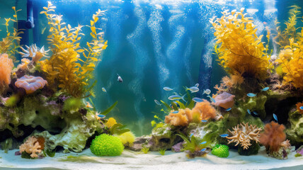 Naklejka na ściany i meble A vibrant, detailed aquarium showcases a balanced ecosystem with a variety of fish and plant species, illuminated by natural light