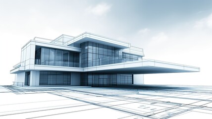 Architectural blueprint of a modern house, showcasing a wireframe design against a faded background, symbolizing conceptual design and planning