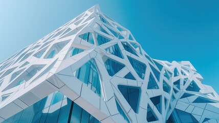 Modern abstract building with a dynamic white exoskeleton structure against a clear blue sky