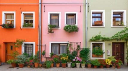 Fototapeta na wymiar A vibrant facade of two adjacent houses, one orange and one pink, decorated with numerous potted plants and flowers in front of the windows and door