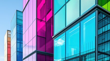 Vibrant colorful glass panels on a modern building facade, reflecting urban skyline and clouds