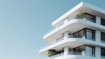 Minimalist white modern architecture with sweeping balconies and clean lines against a clear sky