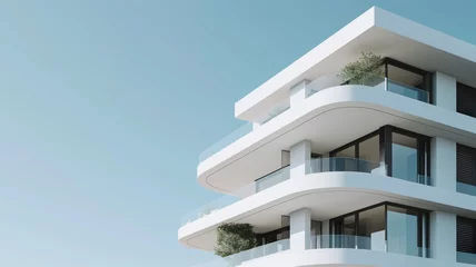 Foto op Plexiglas Minimalist white modern architecture with sweeping balconies and clean lines against a clear sky © Татьяна Макарова