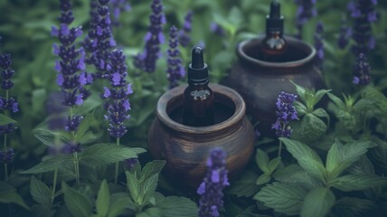 Essential oil in a dark glass dropper bottle surrounded by purple lavender flowers