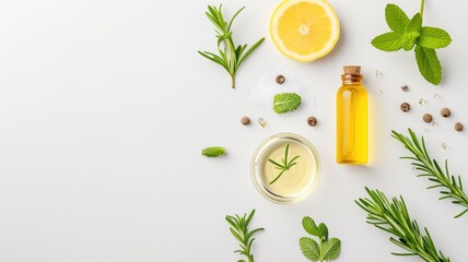 Top-down view of bowl of olive oil garnished with rosemary and lemon, surrounded by fresh herbs and spices on white background