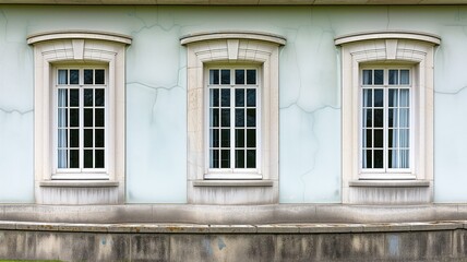 Fototapeta na wymiar Classical windows of an old building with cracked white walls and a sense of past elegance